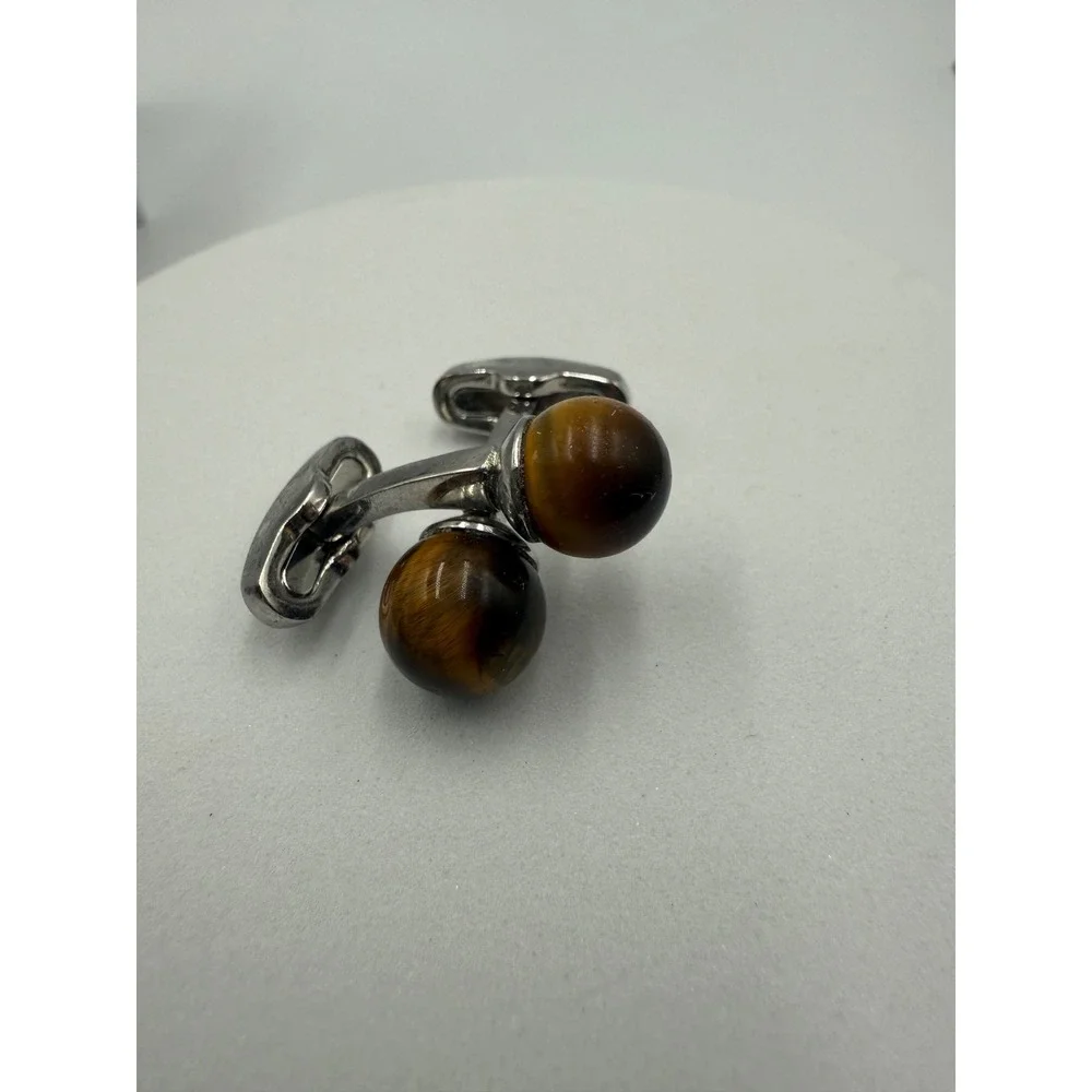 Jos A Bank Tigers Eye Stone Cufflinks Silver Tone Round Sphere Formal Accessory